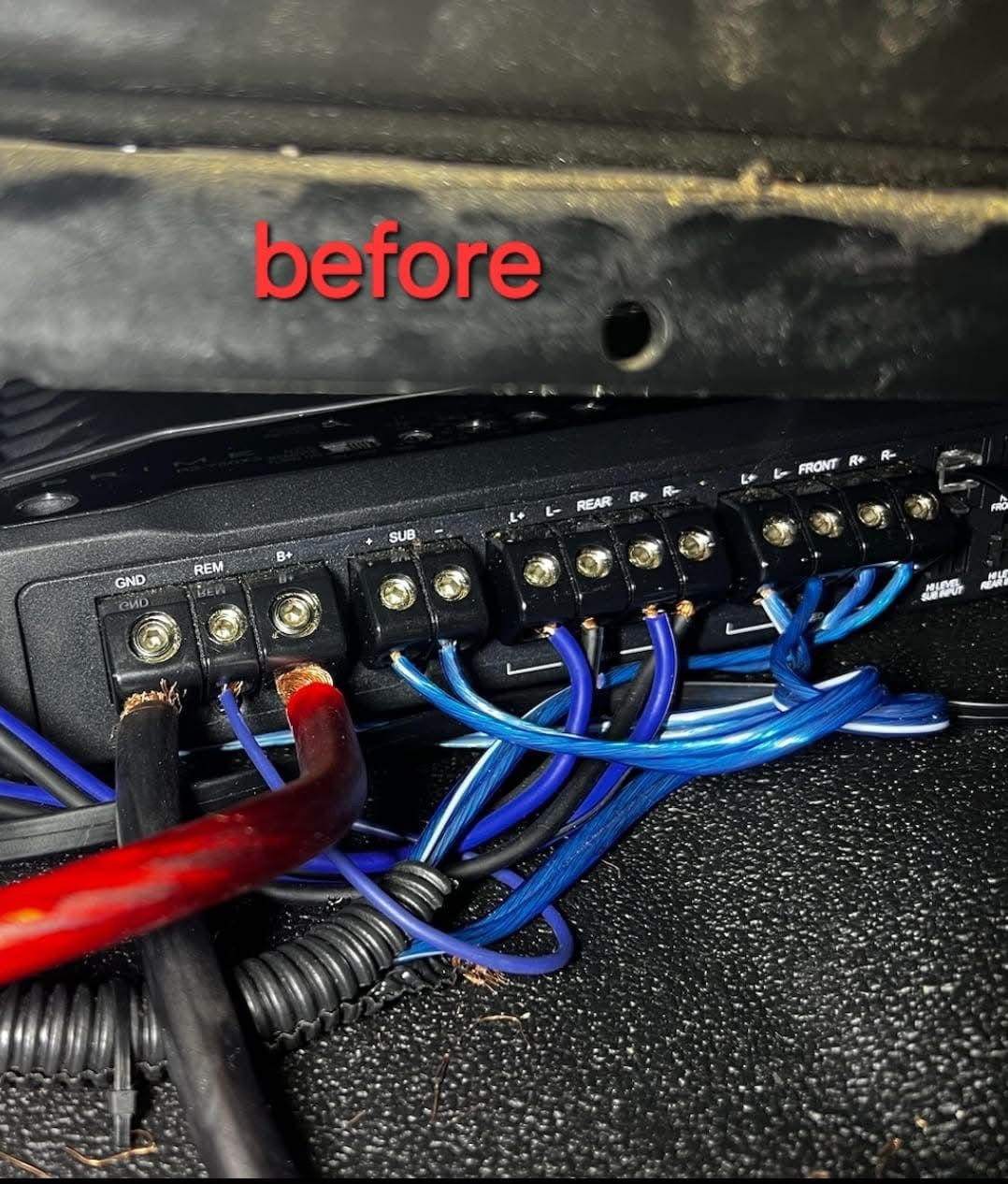 Messy amplifier wiring before ProWorks Audio cleanup