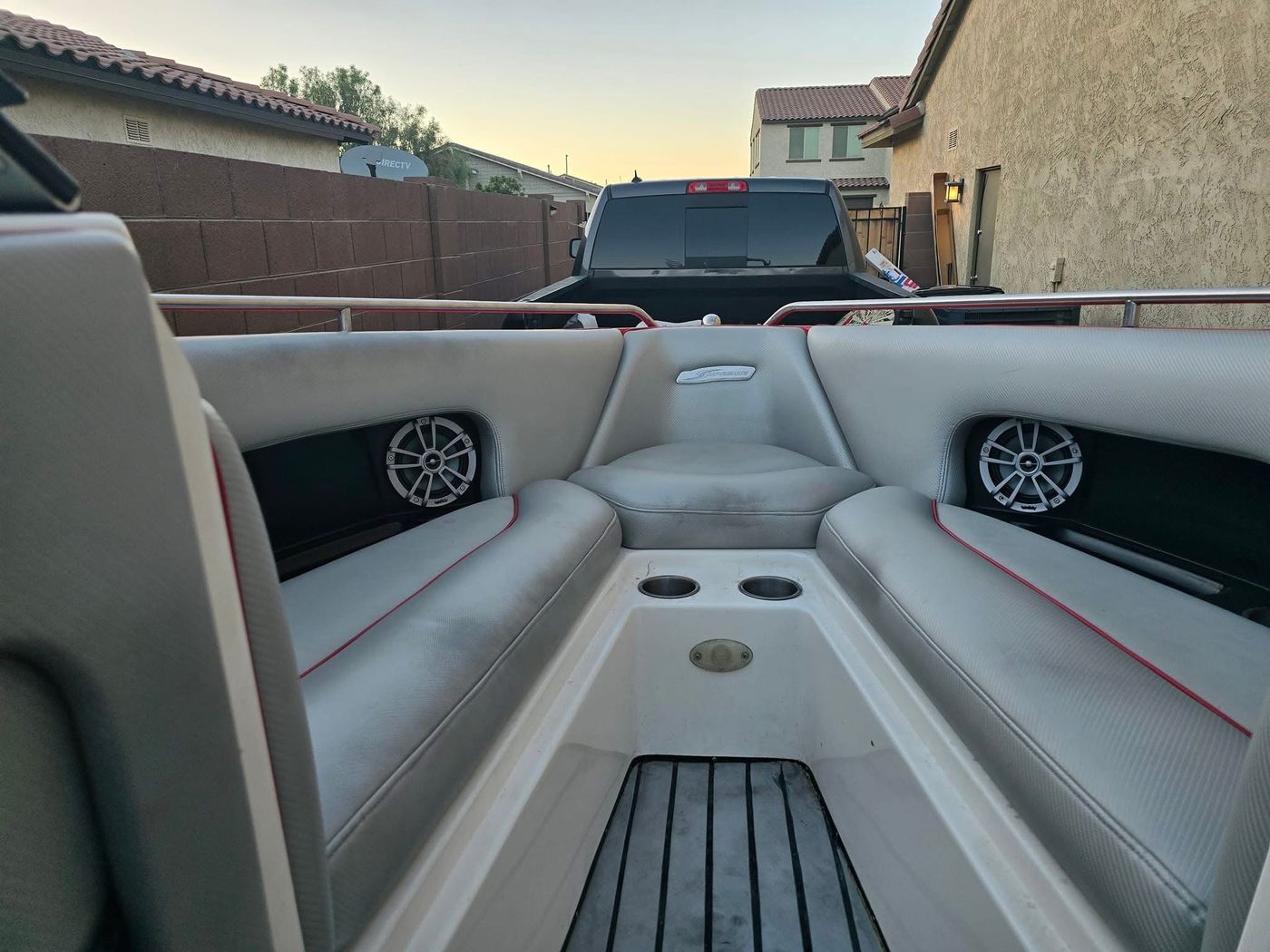 Marine speakers installed in boat bow seating
